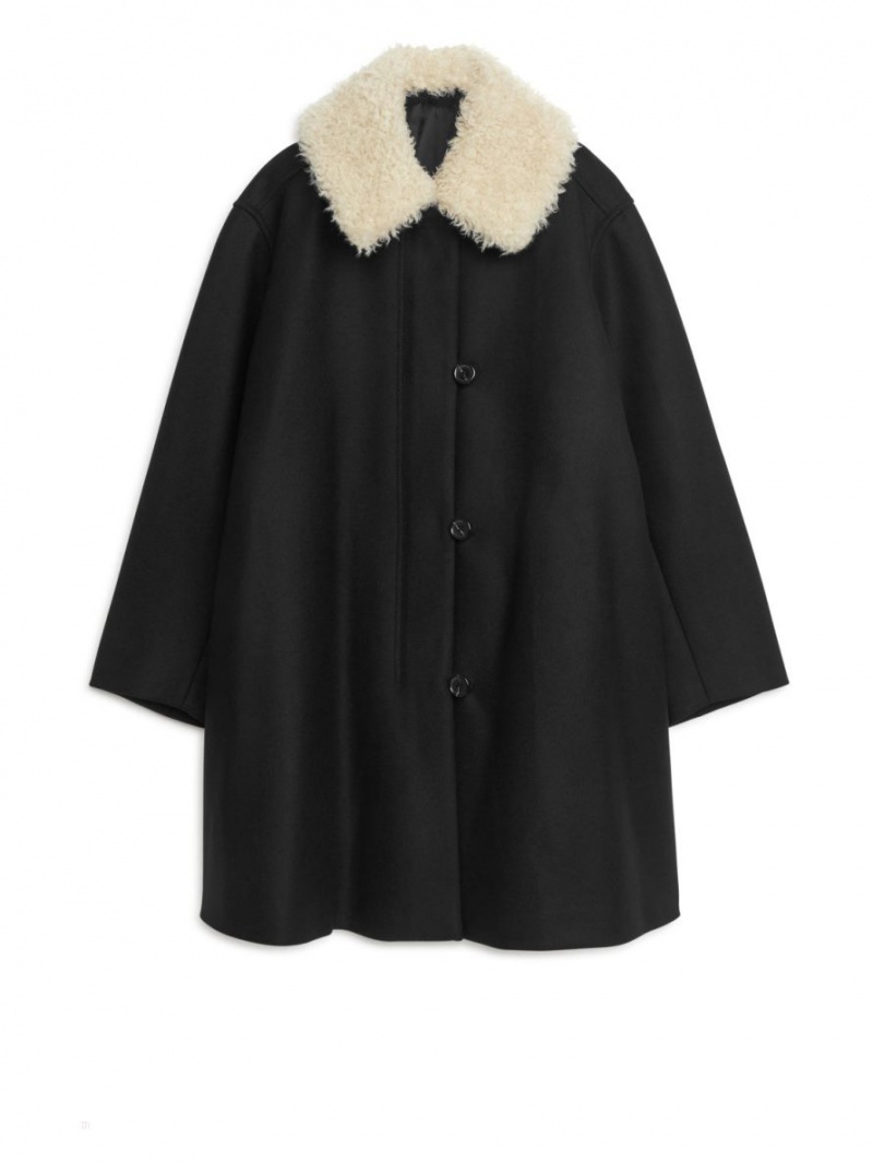 Palton Arket Faux Fur-Collar Dama Negrii | Romania-KXNQ14953