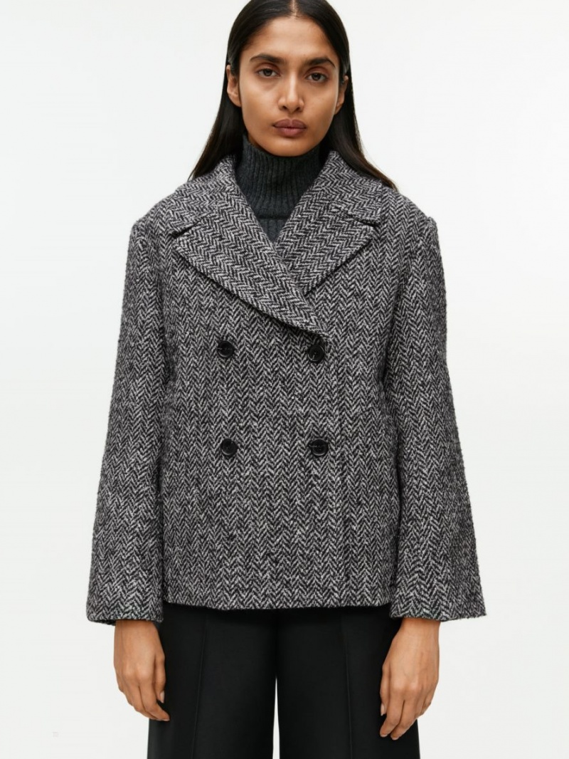 Palton Arket Herringbone Peacoat Dama Negrii Albi | Romania-ZARE60172