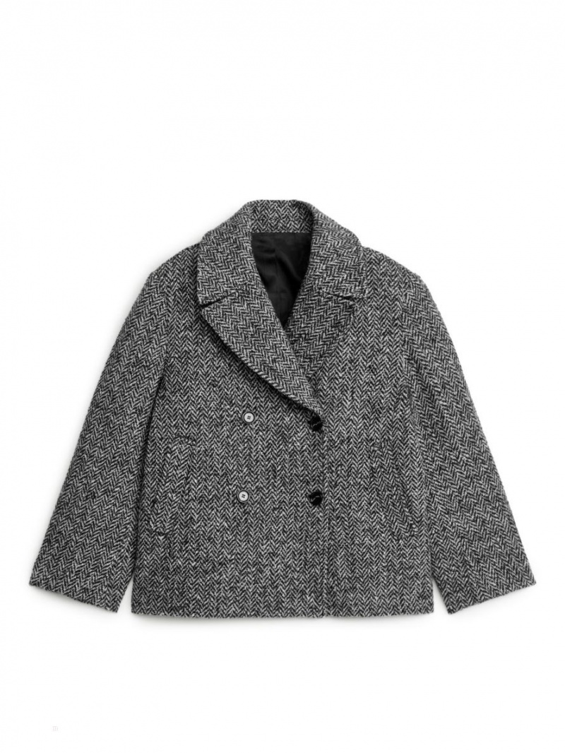 Palton Arket Herringbone Peacoat Dama Negrii Albi | Romania-ZARE60172