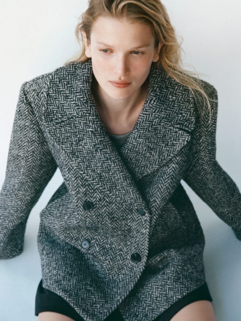 Palton Arket Herringbone Peacoat Dama Negrii Albi | Romania-ZARE60172