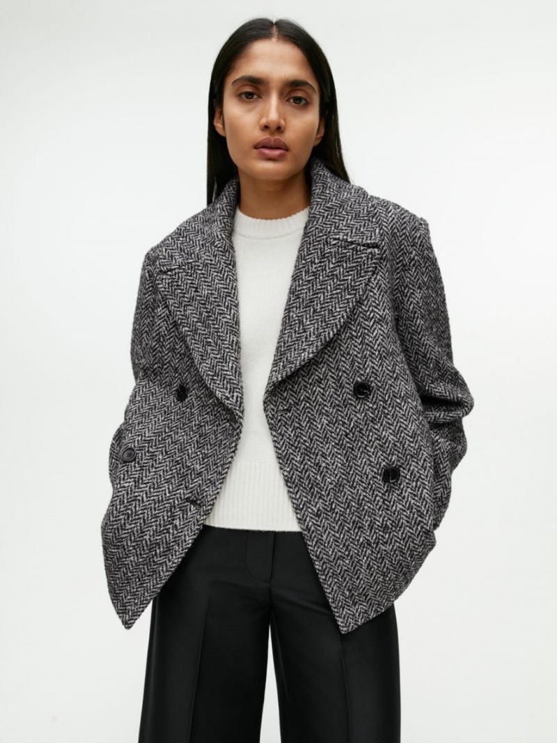 Palton Arket Herringbone Peacoat Dama Negrii Albi | Romania-ZARE60172