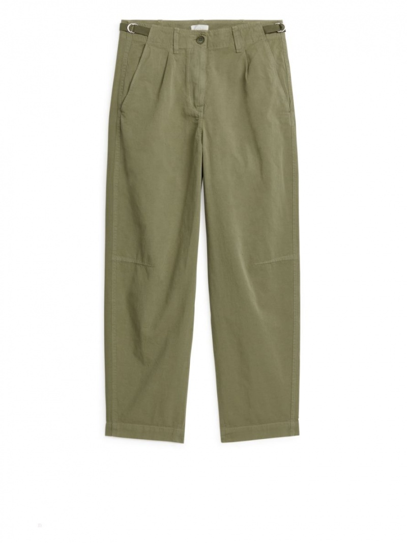 Pantaloni Arket Barrel Leg Bumbac Chinos Dama Kaki Verzi | Romania-SDJN79280