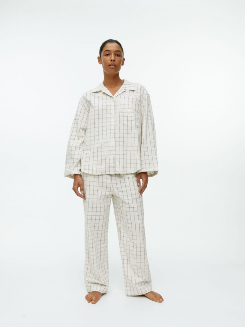 Pantaloni Arket Flannel Pyjama Dama Albi Maro | Romania-IEAM79365