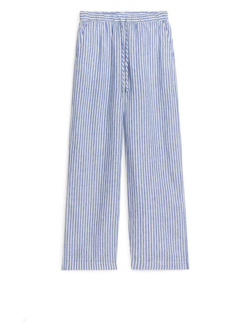 Pantaloni Arket Linen Drawstring Dama Albastri Albi | Romania-VNEA09713