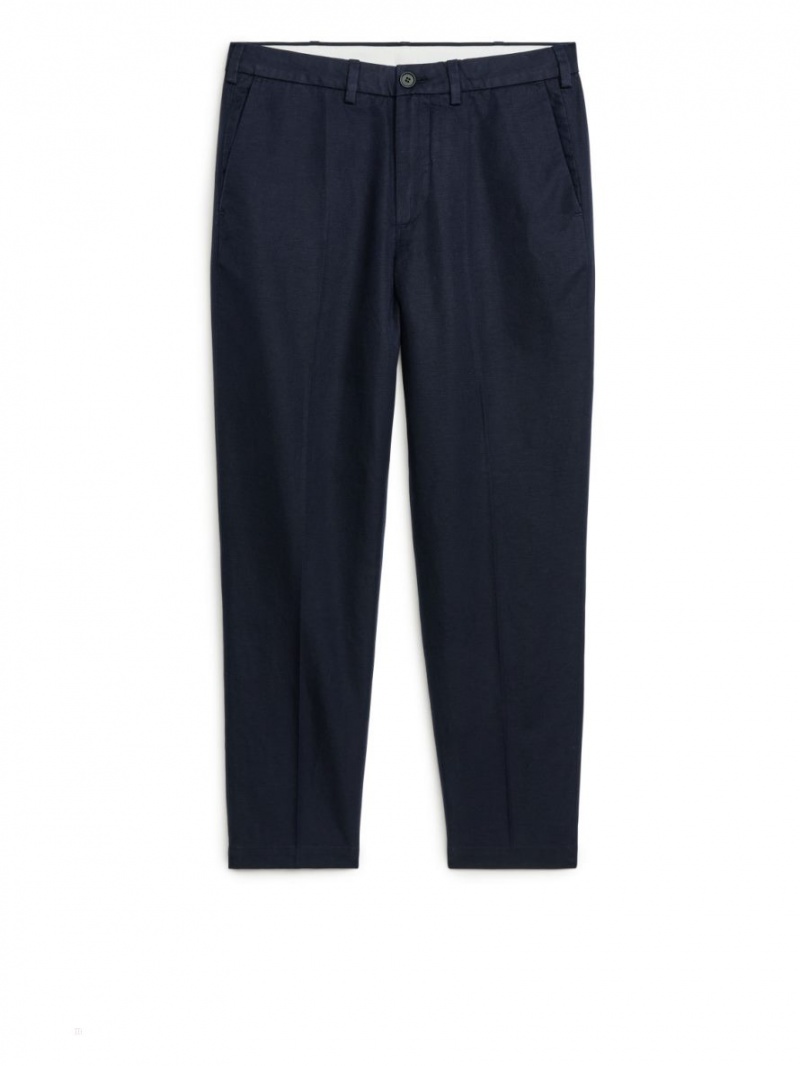 Pantaloni Arket Regular Cropped Bumbac-Linen Barbati Albastri Inchis | Romania-IQXT14365