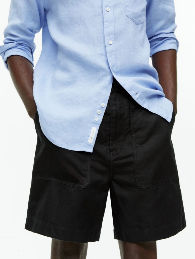 Pantaloni Scurti Arket Bumbac-Linen Utility Barbati Negrii | Romania-WPAN45278