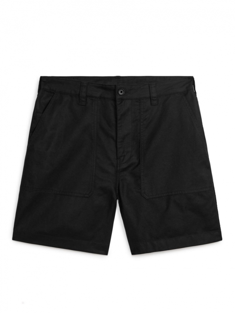 Pantaloni Scurti Arket Bumbac-Linen Utility Barbati Negrii | Romania-WPAN45278