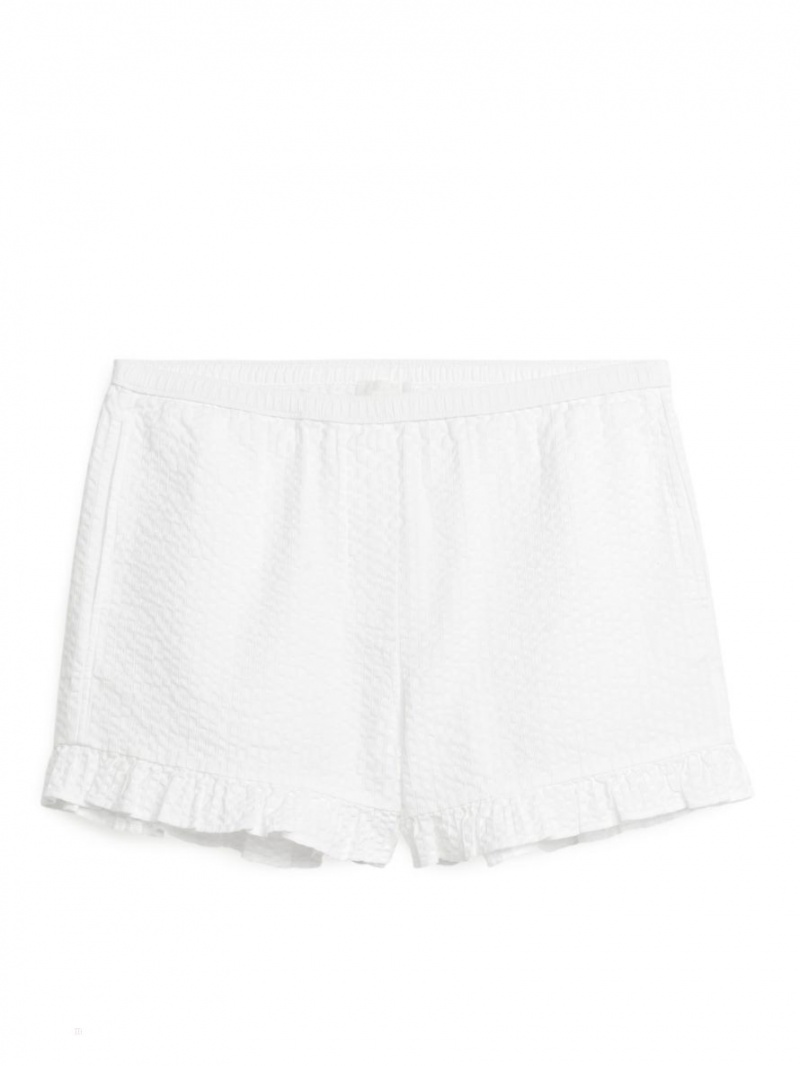 Pantaloni Scurti Arket Frill Seersucker Dama Albi | Romania-QFAO05368