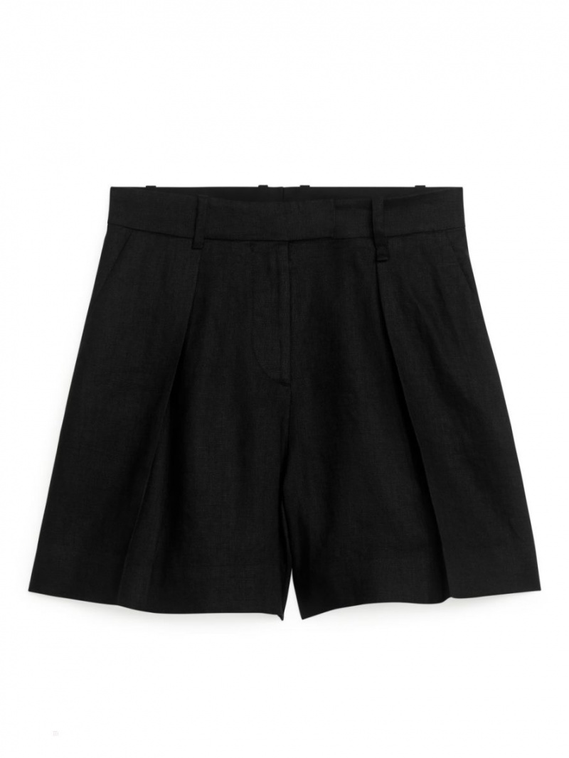 Pantaloni Scurti Arket High Talie Linen Dama Negrii | Romania-AOLH80651