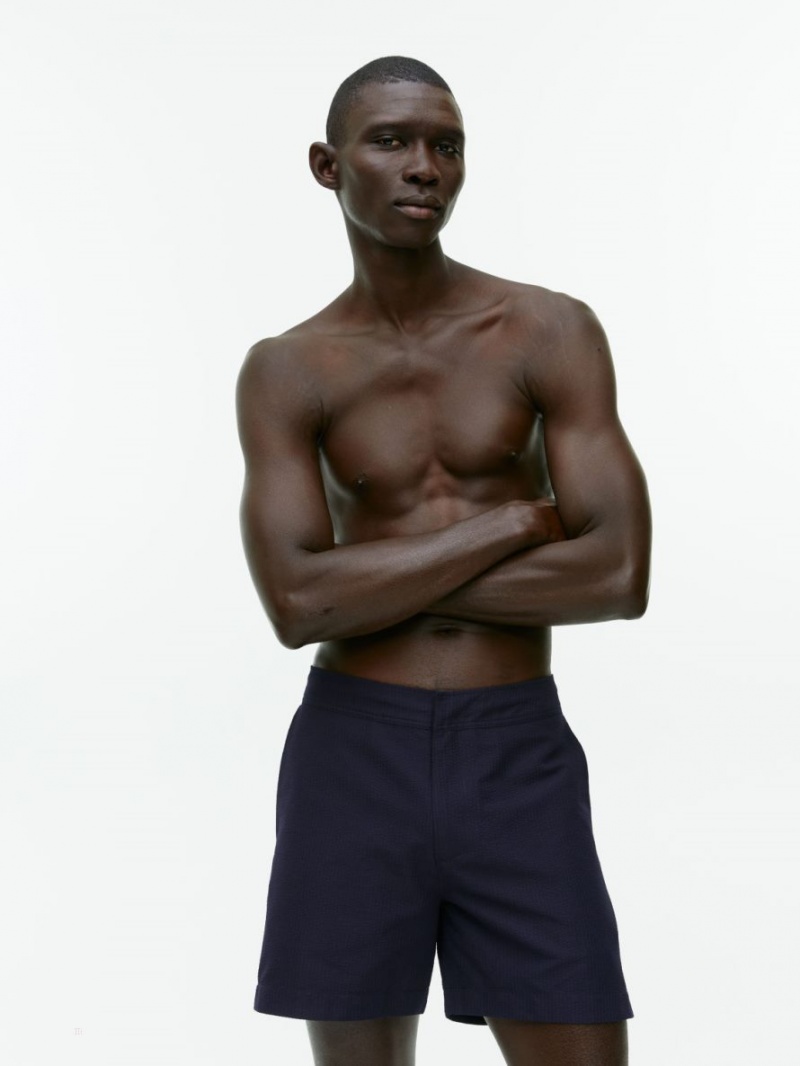 Pantaloni Scurti Arket Seersucker Swim Barbati Albastri Inchis | Romania-RAEI82635