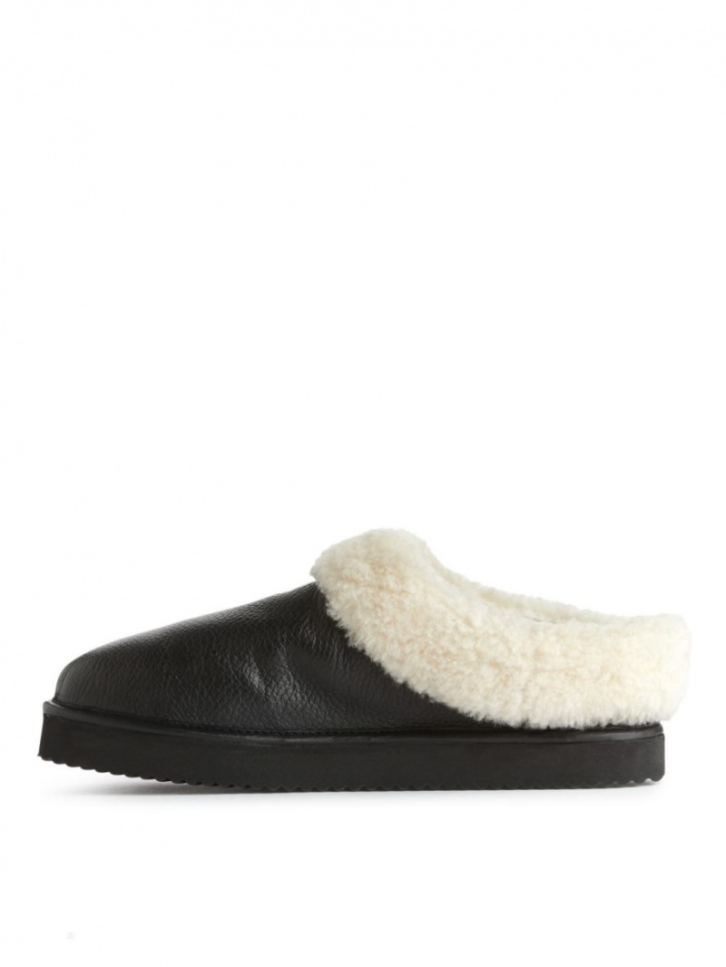 Papuci Arket Piele Pile Dama Negrii Albi | Romania-QBWF38406