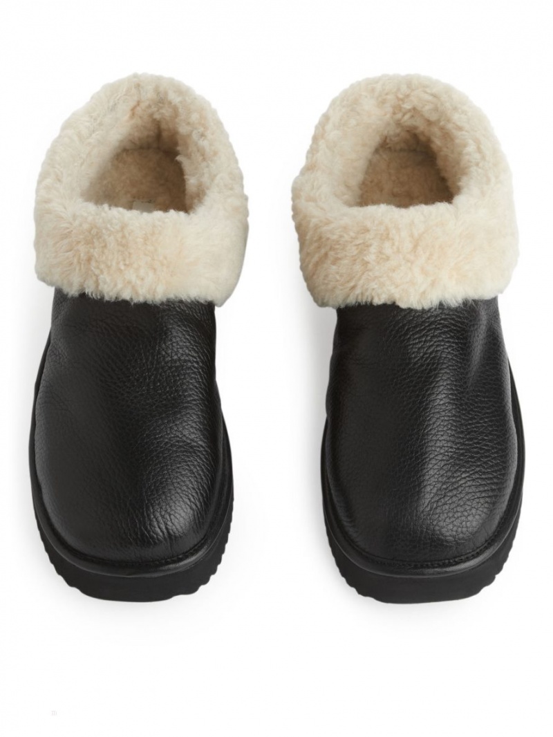 Papuci Arket Piele Pile Dama Negrii Albi | Romania-QBWF38406