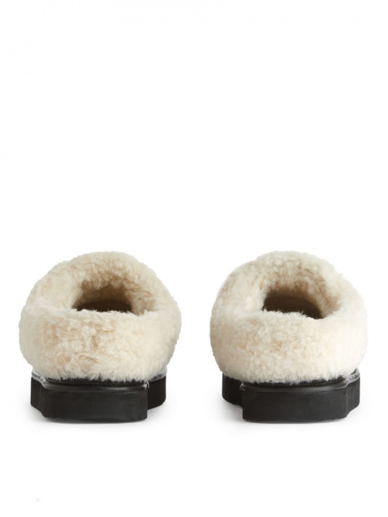 Papuci Arket Piele Pile Dama Negrii Albi | Romania-QBWF38406