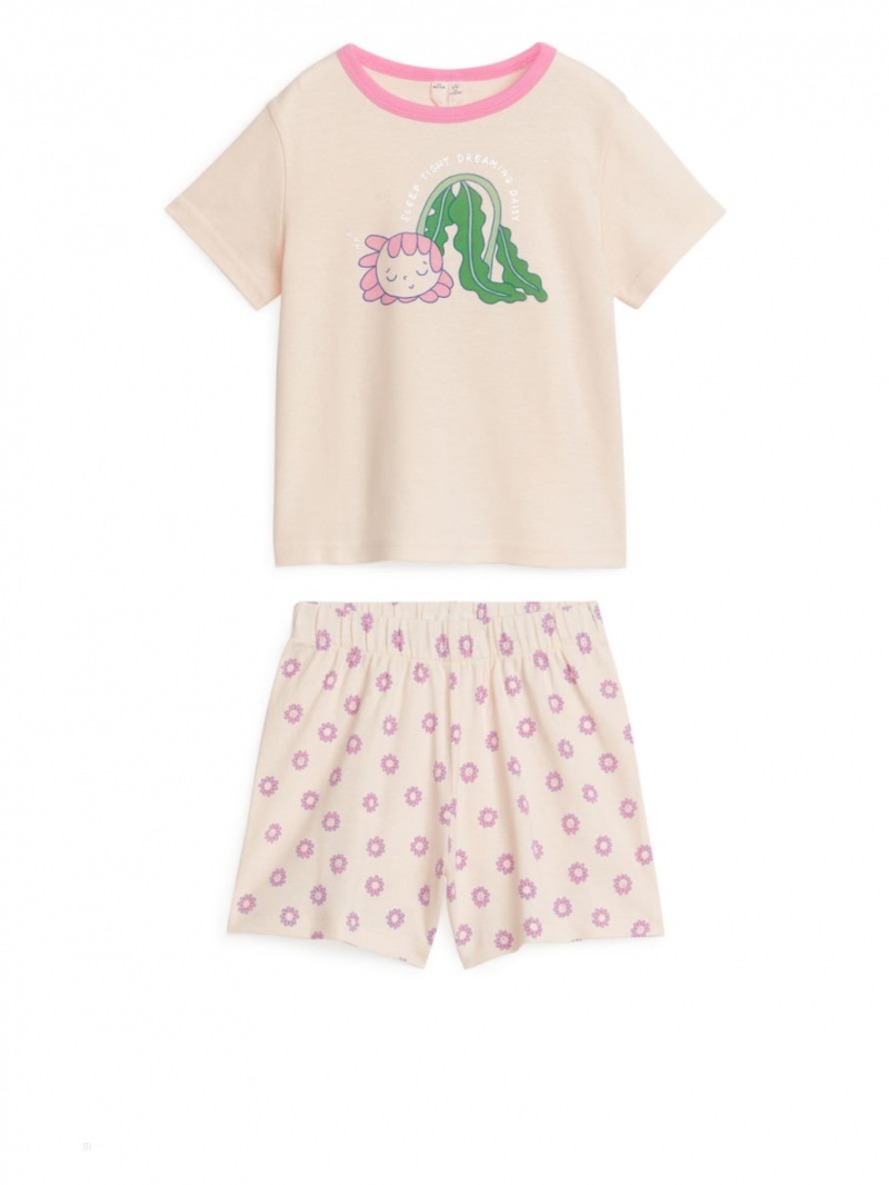 Pijama Arket Scurte Jersey Pyjama Set Fete Portocalii Deschis Flori | Romania-KUBO21709