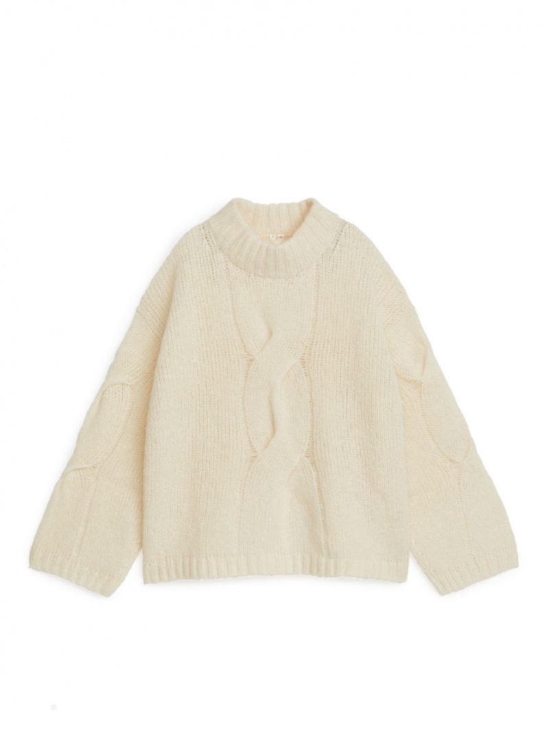Pulover Arket Cable-Knit Alpaca Dama Albi | Romania-EOCR06348