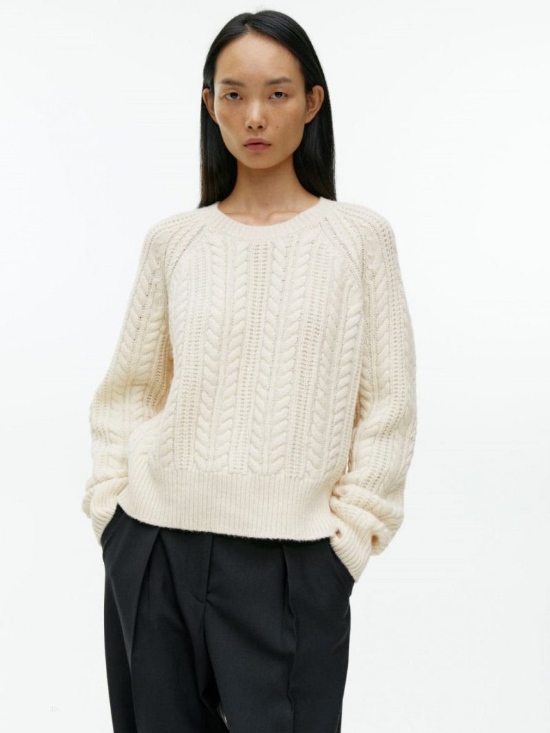 Pulover Arket Cable-Knit Lână Dama Albi | Romania-ZVLU58429