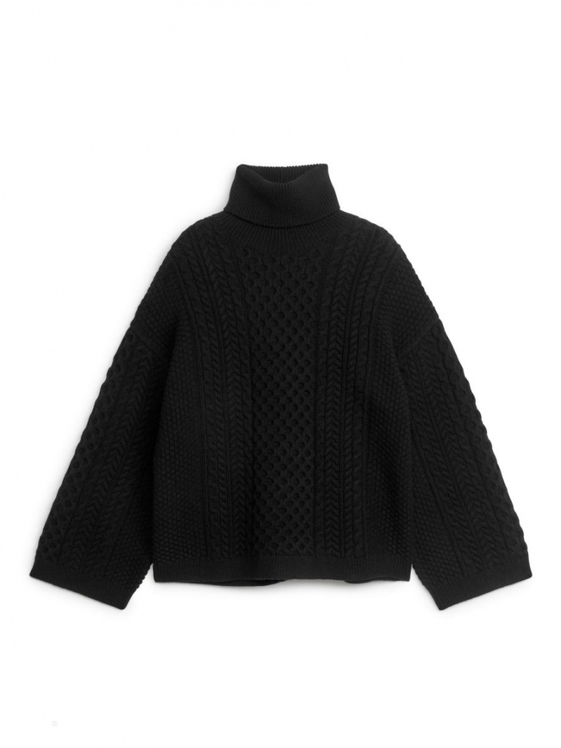 Pulover Arket Cable-Knit Lână Dama Negrii | Romania-SZFD06915