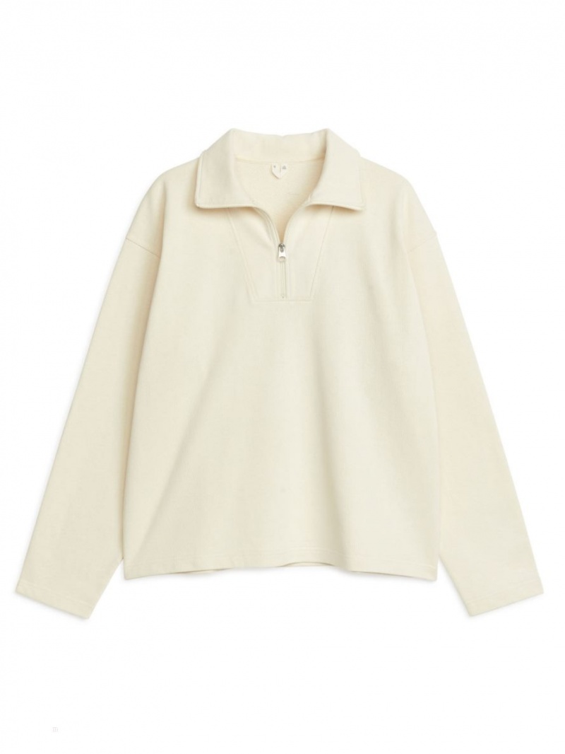 Pulover Arket Half-Zip Bumbac Barbati Albi | Romania-KNBA32169
