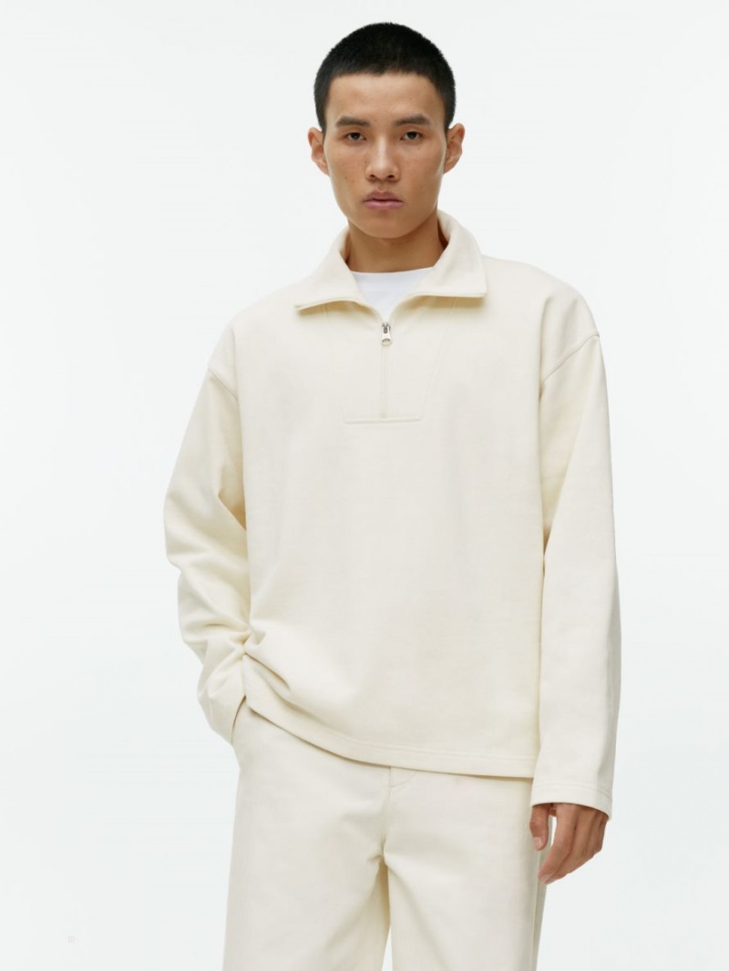 Pulover Arket Half-Zip Bumbac Barbati Albi | Romania-KNBA32169