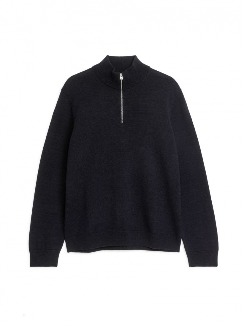 Pulover Arket Half-Zip Lână Barbati Albastri Inchis | Romania-RMEI05624