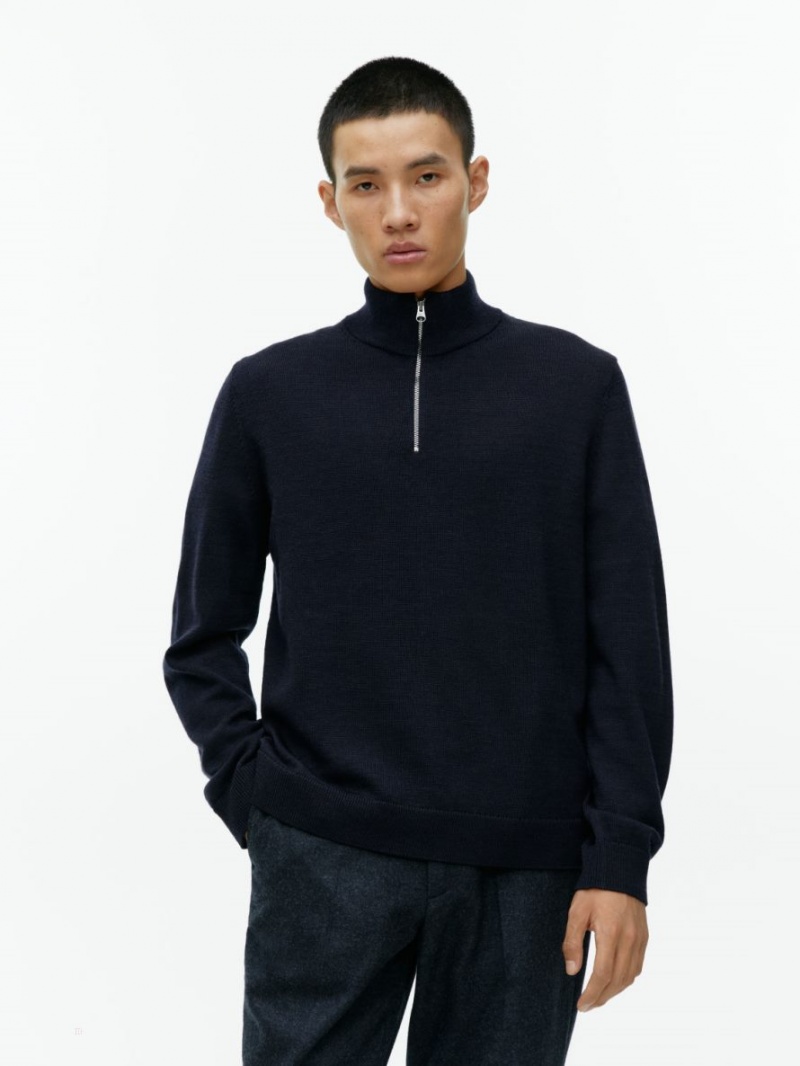 Pulover Arket Half-Zip Lână Barbati Albastri Inchis | Romania-RMEI05624