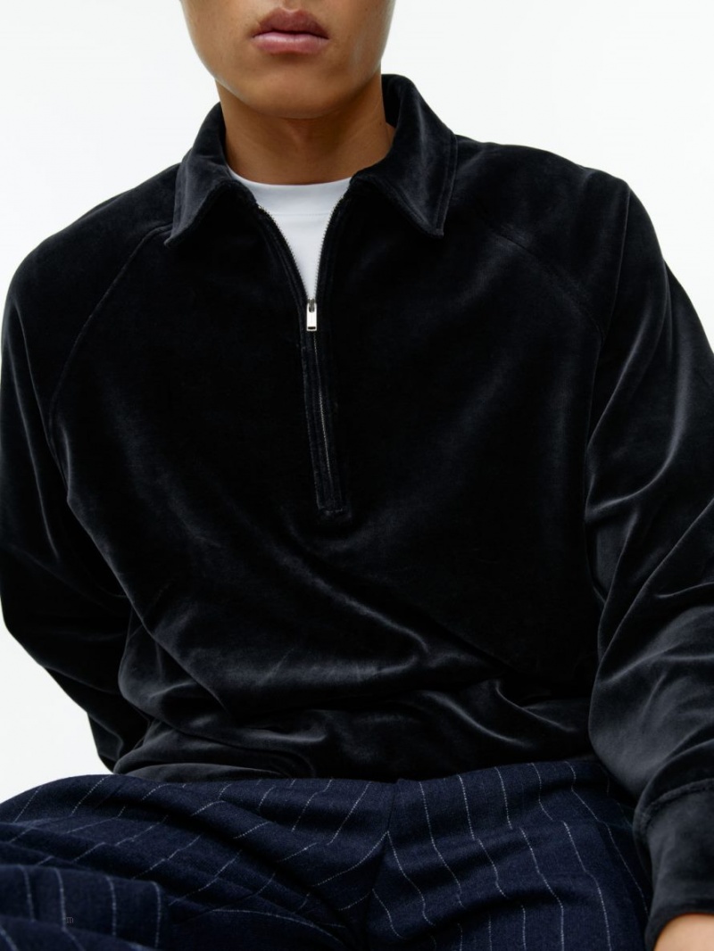 Pulover Arket Half-Zip Velour Barbati Albastri Inchis | Romania-UYJA26734