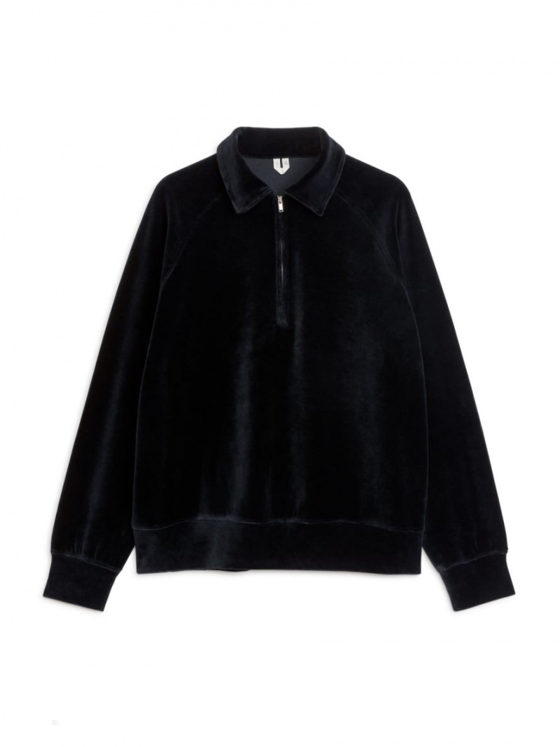 Pulover Arket Half-Zip Velour Barbati Albastri Inchis | Romania-UYJA26734