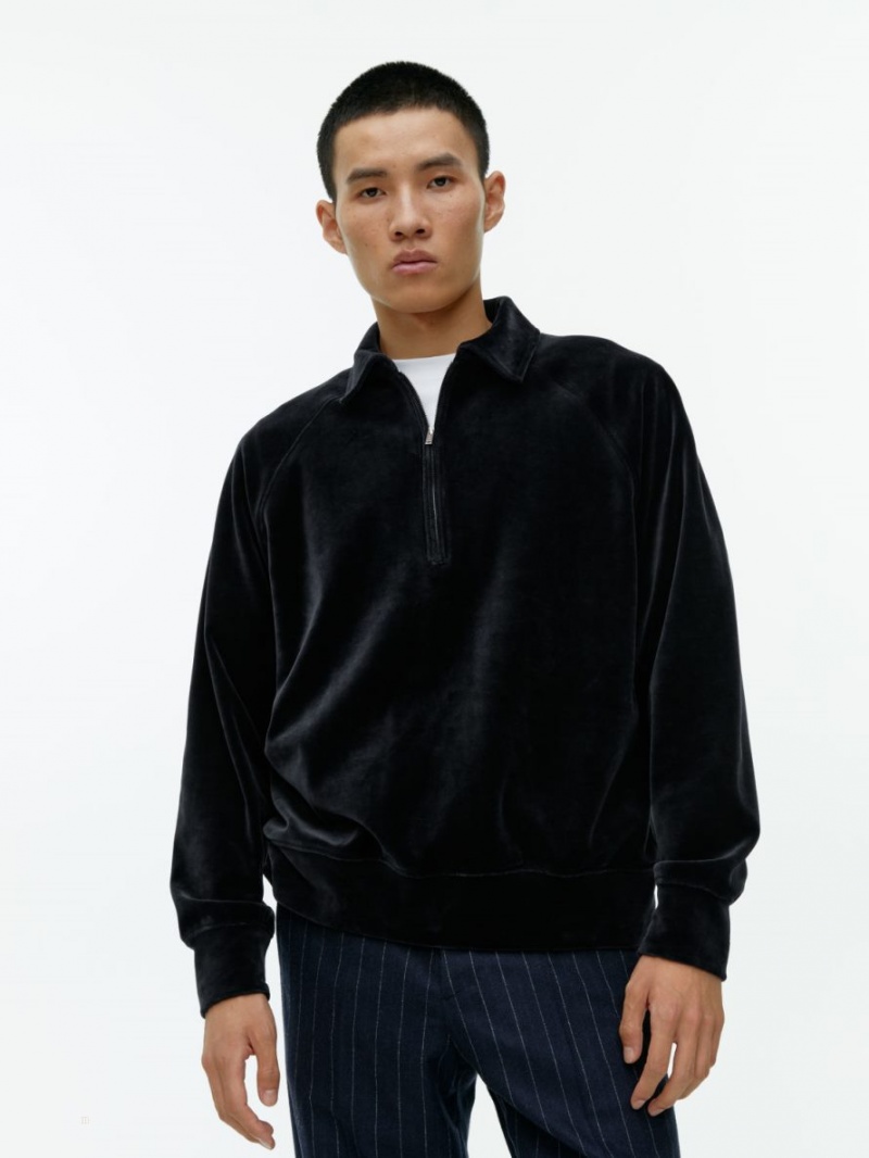 Pulover Arket Half-Zip Velour Barbati Albastri Inchis | Romania-UYJA26734