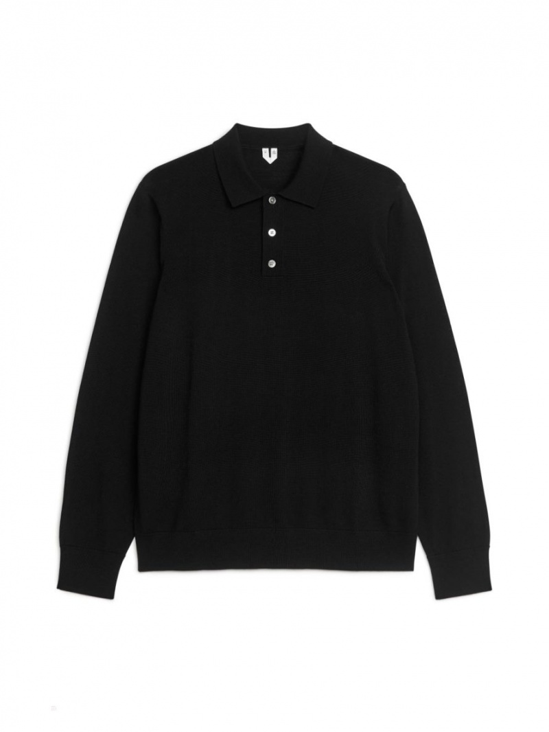 Pulover Arket Merino Polo Barbati Negrii | Romania-WGFU78425