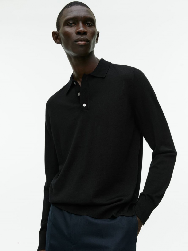 Pulover Arket Merino Polo Barbati Negrii | Romania-WGFU78425