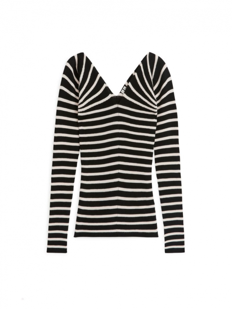Pulover Arket Sunray Stripe Dama Albi Negrii | Romania-XQUI02364