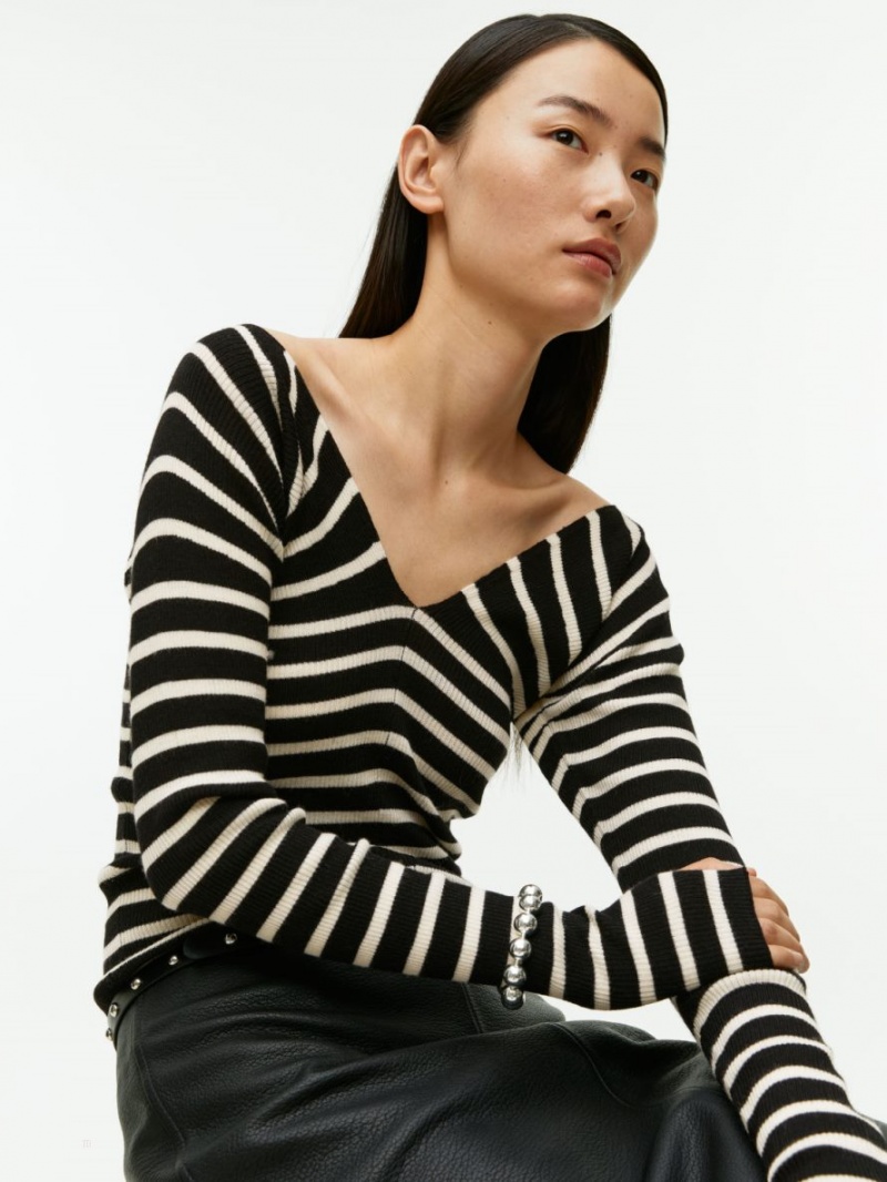 Pulover Arket Sunray Stripe Dama Albi Negrii | Romania-XQUI02364