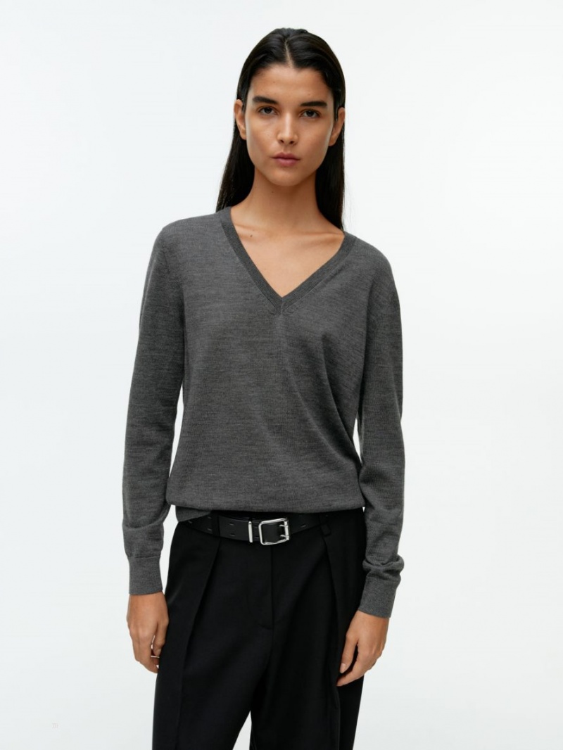 Pulover Arket V-Neck Merino Dama Gri | Romania-RGFE82069