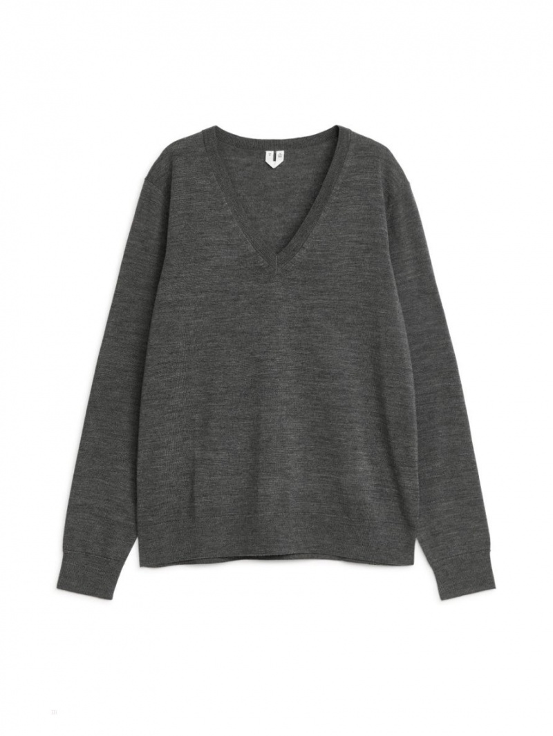 Pulover Arket V-Neck Merino Dama Gri | Romania-RGFE82069