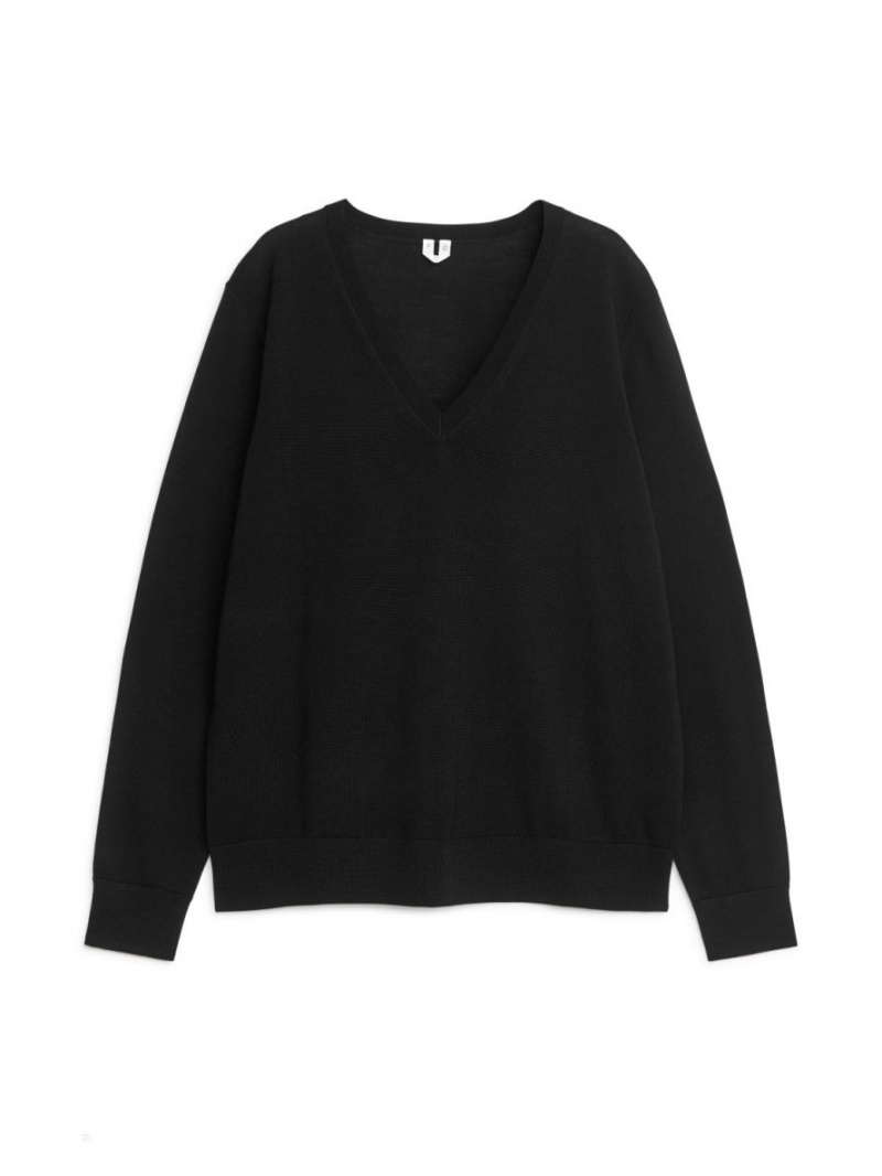 Pulover Arket V-Neck Merino Dama Negrii | Romania-TKQD90756