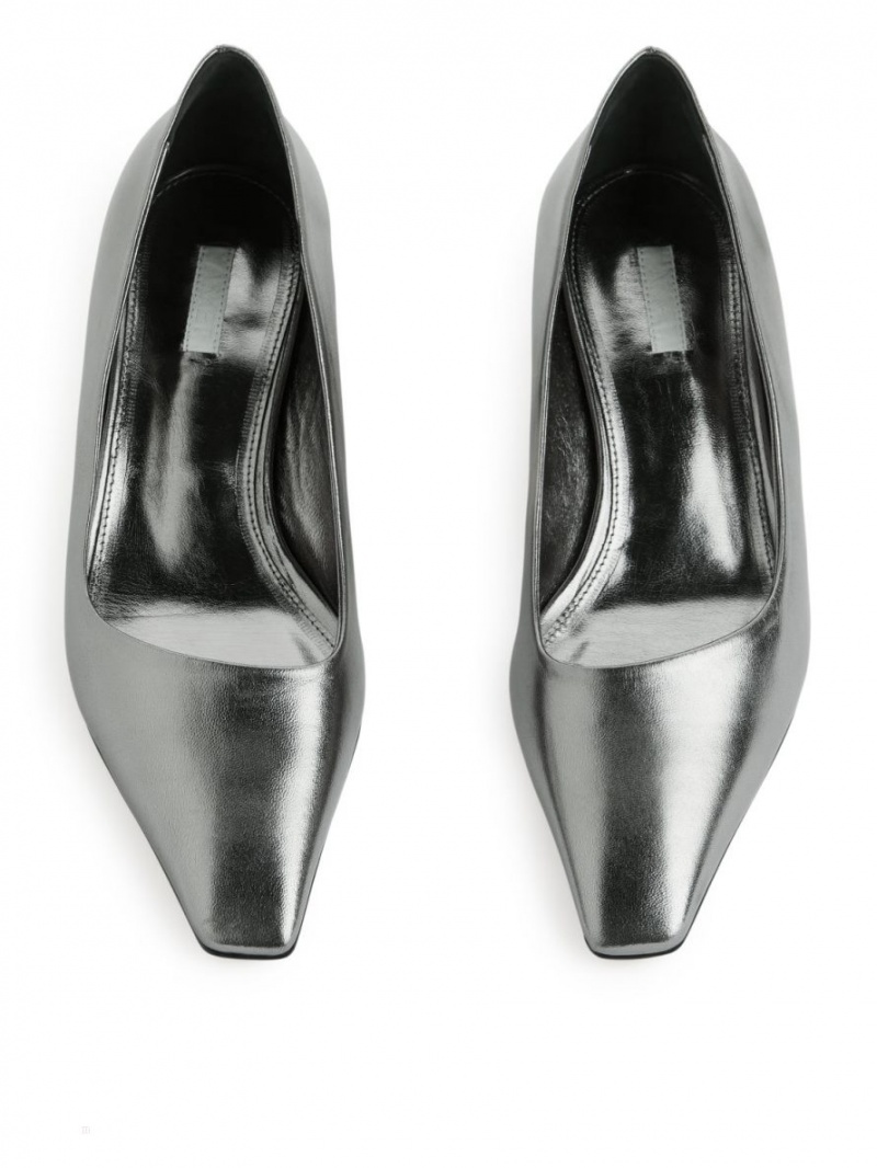 Pumps Arket Square-Bombeu Piele Dama Argintii | Romania-ROJX43257