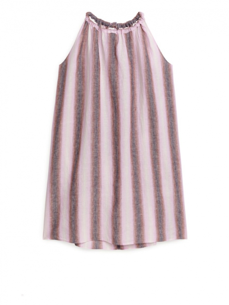 Rochie Arket Fara Maneci Linen Dama Bej Roz Albastri | Romania-LUYT59241