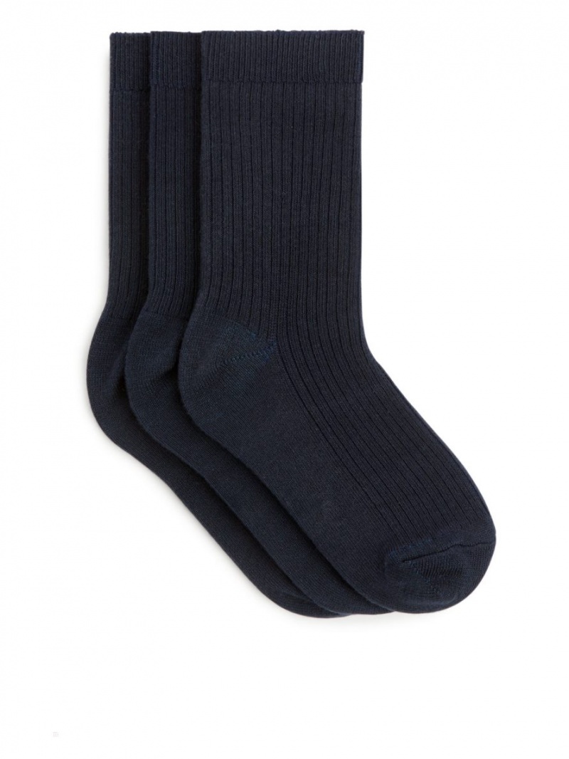 Sosete Arket Rib Knit, 3 Pairs Fete Albastri Inchis | Romania-EWPK96752