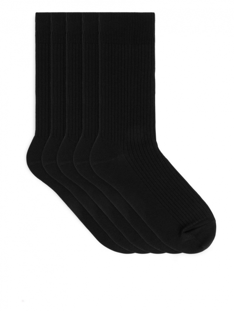 Sosete Arket Supima Bumbac Rib, 5 Pairs Barbati Negrii | Romania-EGQV60178