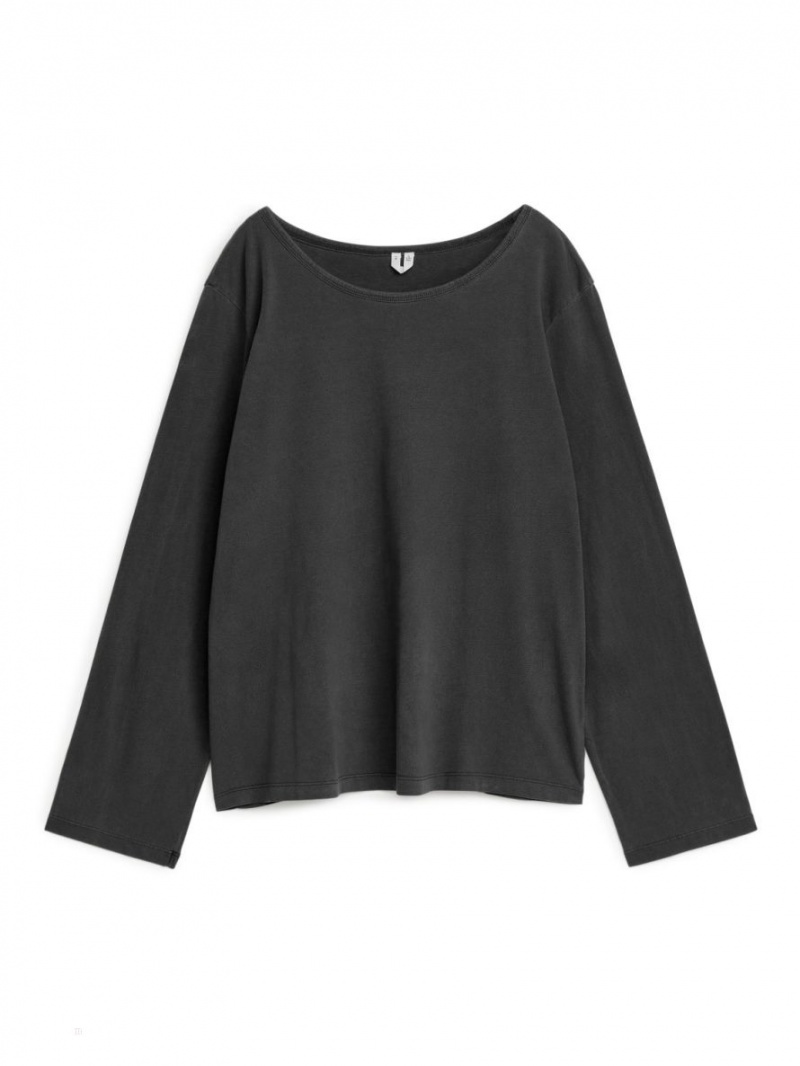 Topuri Arket Largi-Neck Bumbac Dama Negrii | Romania-UQXG45281