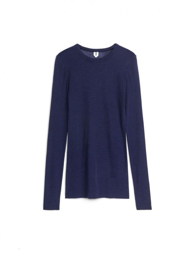 Topuri Arket Long-Sleeved Merino Dama Albastri Inchis | Romania-DSNO59236