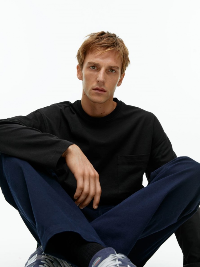 Tricouri Arket Mercerised Long-Sleeve Barbati Negrii | Romania-KBUG37014