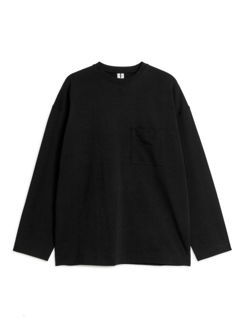 Tricouri Arket Mercerised Long-Sleeve Barbati Negrii | Romania-KBUG37014