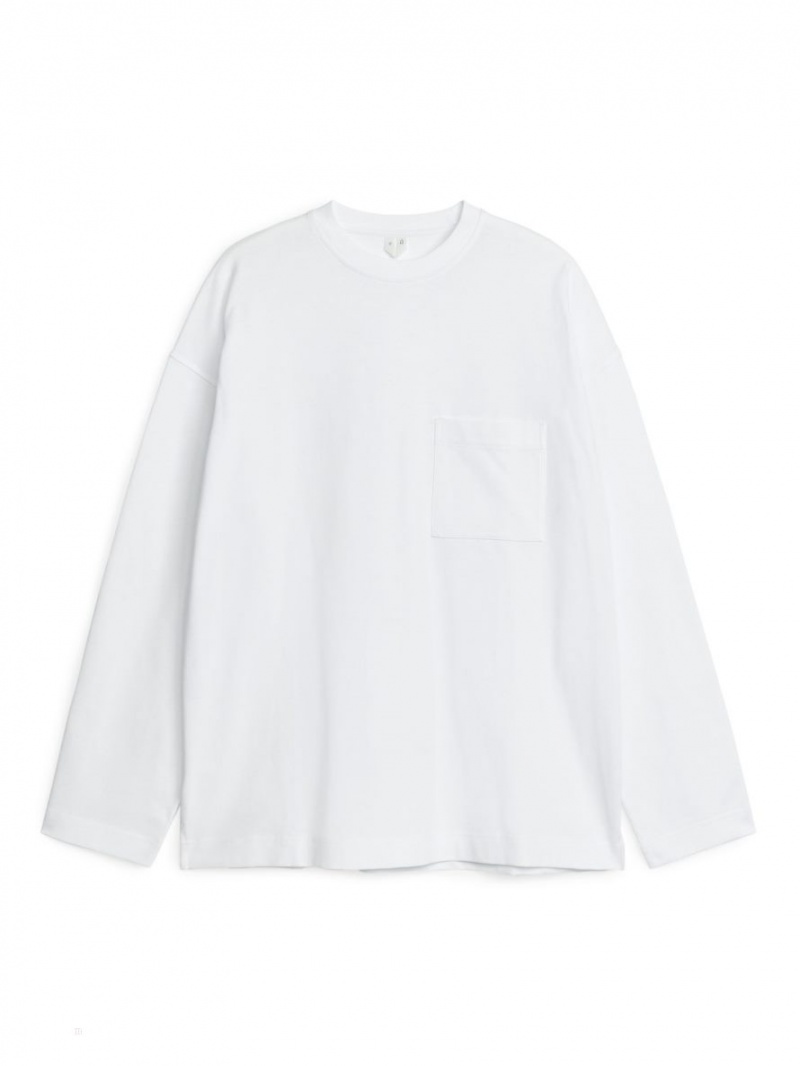 Tricouri Arket Mercerised Long-Sleeve Barbati Albi | Romania-GXST71638