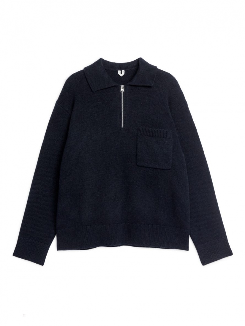 Tricouri Polo Arket Tricotate Lână Zip Barbati Albastri Inchis | Romania-XKAP93027