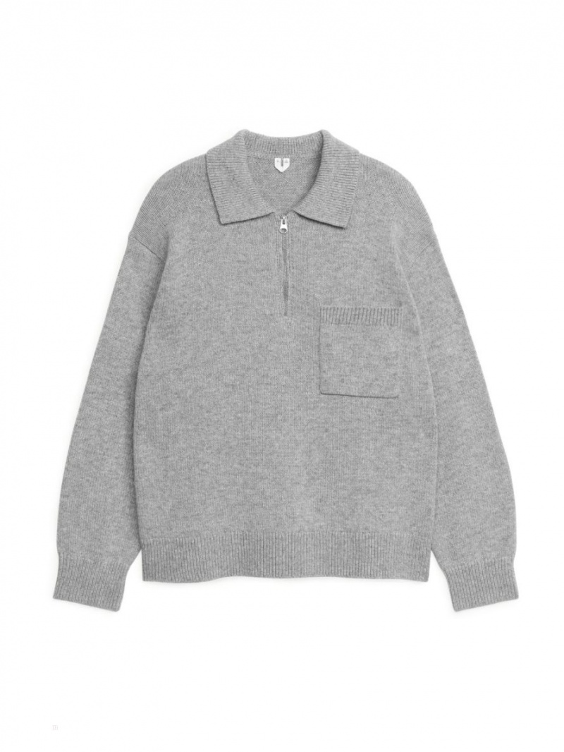 Tricouri Polo Arket Tricotate Lână Zip Barbati Gri | Romania-ABVM05796